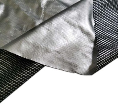 SZ YF 網眼復合TPU銀膜夾網布  成份：滌綸  克重：75g  紗支：75D*75D  2.5ply   後面照